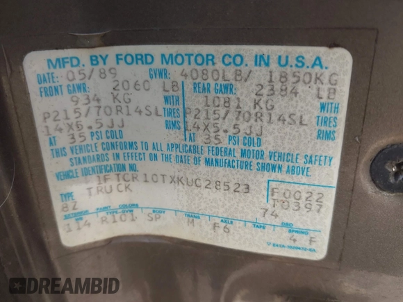1989 Ford Ranger with VIN 1FTCR10TXKUC28523, listed as a IAAI auction lot 42149422 with 39,078 mi miles and . Bid and sale history available at DreamBid. Image 9.