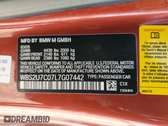 2020 BMW M2 Competition z VIN WBS2U7C07L7G07442, wystawiony jako Copart lot #42300413 z przebiegiem 23 328 mil mil oraz . Historia ofert i sprzedaży dostępna na DreamBid. Obrazek 12.