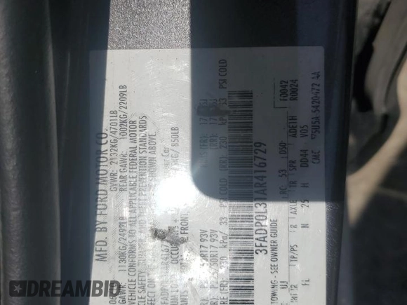 2010 Ford Fusion Hybrid with VIN 3FADP0L31AR416729, listed as a Copart auction lot 61809155 with 241,908 mi miles and Salvage title. Bid and sale history available at DreamBid. Image 12.