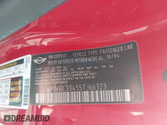 2005 MINI Hardtop with VIN WMWRC33455TJ66323, listed as a IAAI auction lot 41868311 with 122,398 mi miles and . Bid and sale history available at DreamBid. Image 9.