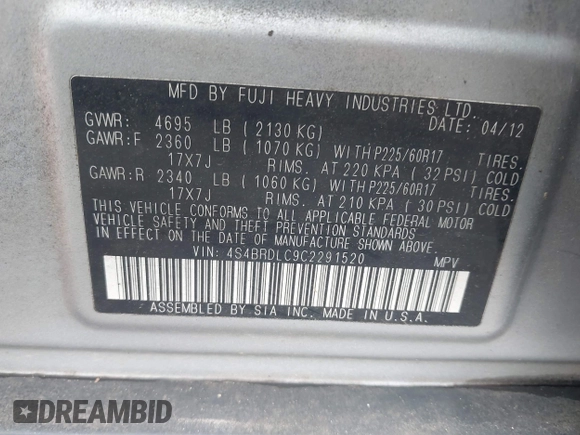 2012 Subaru Outback Limited with VIN 4S4BRDLC9C2291520, listed as a IAAI auction lot 42560814 with 277,047 mi miles and . Bid and sale history available at DreamBid. Image 9.