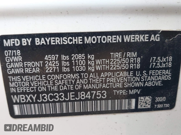 2018 BMW X2 sDrive28i with VIN WBXYJ3C33JEJ84753, listed as a IAAI auction lot 42660237 with 62,496 mi miles and . Bid and sale history available at DreamBid. Image 9.