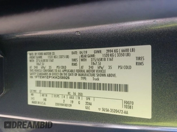 2019 Ford F-150 XL with VIN 1FTEW1EP1KKD58926, listed as a IAAI auction lot 42043973 with 97,678 mi miles. Bid and sale history available at carsss.com. Image 1.