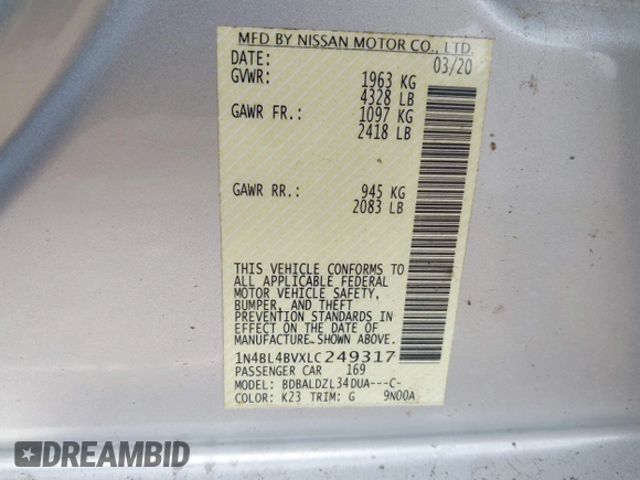 2020 Nissan Altima S with VIN 1N4BL4BVXLC249317, listed as a IAAI auction lot 41036326 with 94,075 mi miles and . Bid and sale history available at DreamBid. Image 9.