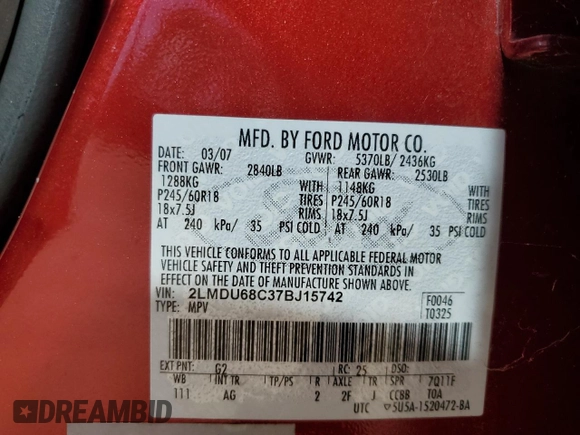 2007 Lincoln MKX with VIN 2LMDU68C37BJ15742, listed as a Copart auction lot 49525895 with 132,573 mi miles and Salvage Title. Bid and sale history available at carsss.com. Image 15.