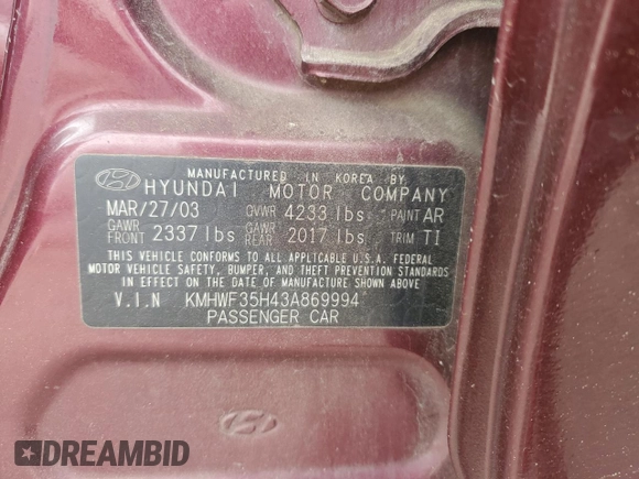 2003 Hyundai Sonata GLS with VIN KMHWF35H43A869994, listed as a Copart auction lot 54252335 with 50,203 mi miles and Salvage Title. Bid and sale history available at carsss.com. Image 12.