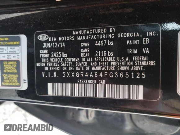 2015 Kia Optima SXL Turbo with VIN 5XXGR4A64FG365125, listed as a Copart auction lot 48464265 with Not Provided miles and Non Repairable. Bid and sale history available at DreamBid. Image 10.
