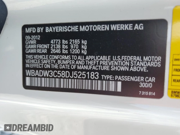 2013 BMW 3 Series 328i z VIN WBADW3C58DJ525183, wystawiony jako Copart lot #54215945 z przebiegiem 63 946 mil mil oraz Szkoda całkowita • Salvage title. Historia ofert i sprzedaży dostępna na DreamBid. Obrazek 12.