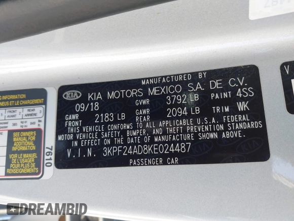 2019 Kia Forte LXS z VIN 3KPF24AD8KE024487, wystawiony jako IAAI lot #42138829 z przebiegiem 110 899 mil mil oraz . Historia ofert i sprzedaży dostępna na DreamBid. Obrazek 9.