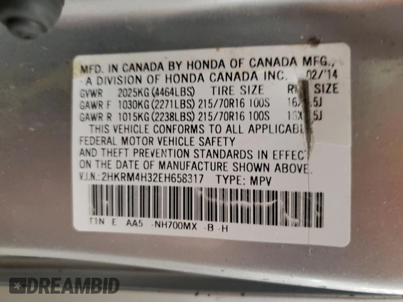 2014 Honda CR-V LX with VIN 2HKRM4H32EH658317, listed as a Copart auction lot 54350025 with 0 mi miles and Salvage Title. Bid and sale history available at carsss.com. Image 14.