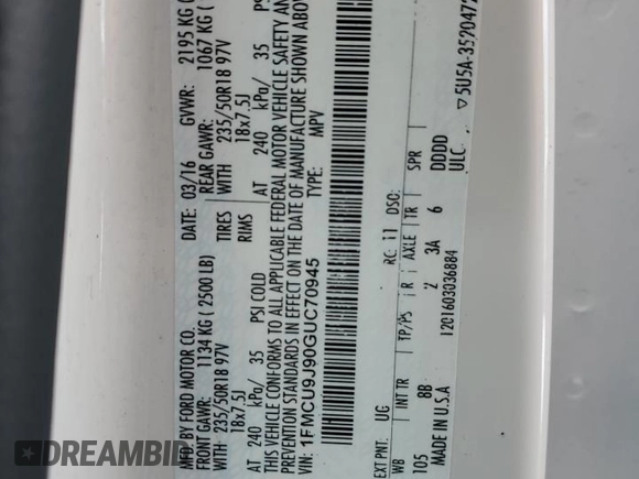 2016 Ford Escape Titanium with VIN 1FMCU9J90GUC70945, listed as a Copart auction lot 44897595 with 119,875 mi miles and Salvage Title. Bid and sale history available at DreamBid. Image 15.