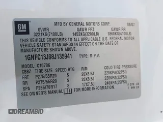 2008 Chevrolet Tahoe LTZ с VIN 1GNFC13J98J135941, выставлен на аукционе IAAI как лот 42144768 с пробегом 351 260 миль миль и . История ставок и продаж доступна на DreamBid. Изображение 9.