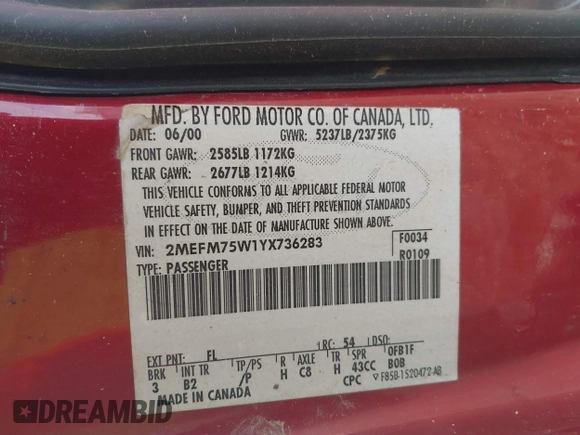 2000 Mercury Grand Marquis LS z VIN 2MEFM75W1YX736283, wystawiony jako IAAI lot #41879063 z przebiegiem 114 535 mil mil oraz . Historia ofert i sprzedaży dostępna na DreamBid. Obrazek 9.