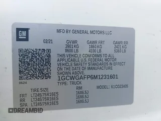 2021 Chevrolet Express Cargo with VIN 1GCWGAFP6M1231601, listed as a IAAI auction lot 42763185 with 105,783 mi miles and . Bid and sale history available at DreamBid. Image 8.