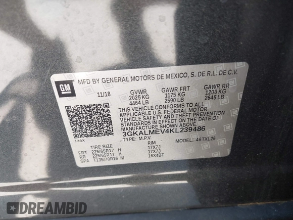 2019 GMC Terrain SLE with VIN 3GKALMEV4KL239486, listed as a IAAI auction lot 41825027 with 66,489 mi miles. Bid and sale history available at carsss.com. Image 9.