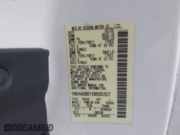 2005 Nissan Titan SE с VIN 1N6AA06B15N565357, выставлен на аукционе IAAI как лот 42321764 с пробегом 141 165 миль миль и . История ставок и продаж доступна на DreamBid. Изображение 9.