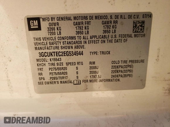 2014 Chevrolet Silverado 1500 High Country with VIN 3GCUKTEC2EG534944, listed as a Copart auction lot 45406655 with 192,642 mi miles and Salvage Title. Bid and sale history available at DreamBid. Image 14.