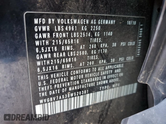 2011 Volkswagen Tiguan SE with VIN WVGBV7AX3BW520381, listed as a Copart auction lot 52288555 with 170,460 mi miles and Salvage Title. Bid and sale history available at DreamBid. Image 13.