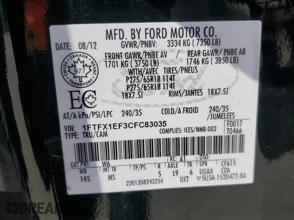 2012 Ford F-150 XL with VIN 1FTFX1EF3CFC83035, listed as a Copart auction lot 57973525 with 361,576 mi miles and Salvage title. Bid and sale history available at DreamBid. Image 12.