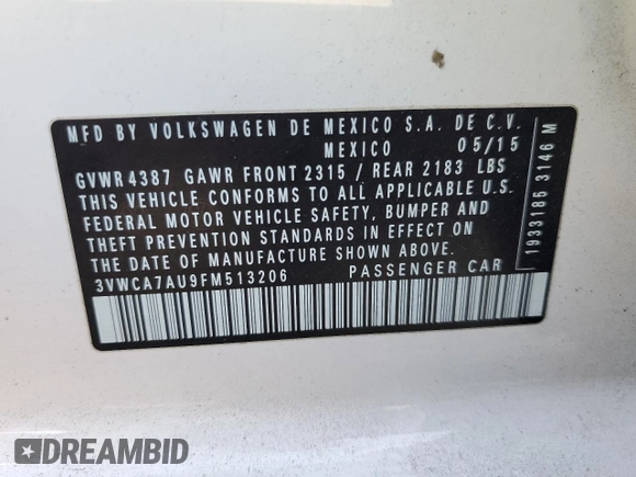 2015 Volkswagen Golf SportWagen TDI SE with VIN 3VWCA7AU9FM513206, listed as a Copart auction lot 72414564 with 110,840 mi miles and Salvage Title. Bid and sale history available at carsss.com. Image 12.