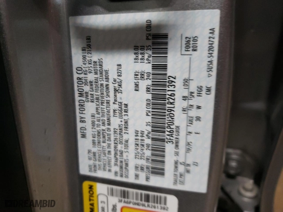 2020 Ford Fusion SE with VIN 3FA6P0HD9LR261392, listed as a Copart auction lot 43769545 with 98,952 mi miles and Salvage Title. Bid and sale history available at carsss.com. Image 12.