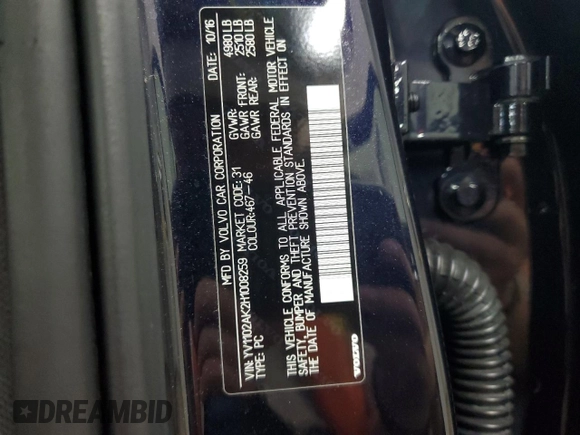2017 Volvo S90 Momentum z VIN YV1102AK2H1008259, wystawiony jako Copart lot #70312414 z przebiegiem 90 625 mil mil oraz Szkody całkowita. Historia ofert i sprzedaży dostępna na DreamBid. Obrazek 13.