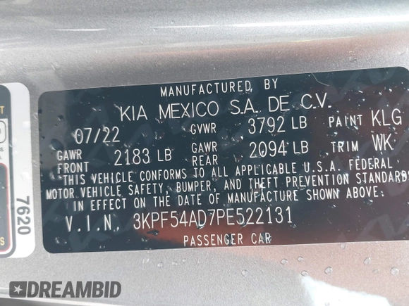 2023 Kia Forte GT-Line with VIN 3KPF54AD7PE522131, listed as a IAAI auction lot 41925155 with 19,710 mi miles. Bid and sale history available at carsss.com. Image 9.