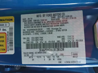 2020 Ford Fusion SE with VIN 3FA6P0HD6LR128539, listed as a IAAI auction lot 42169181 with 52,214 mi miles. Bid and sale history available at carsss.com. Image 9.