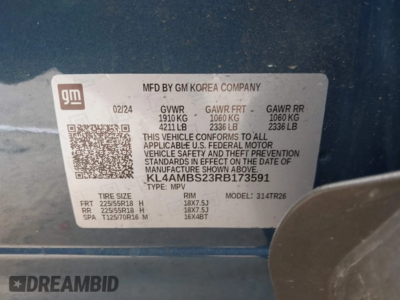 2024 Buick Encore GX Preferred with VIN KL4AMBS23RB173591, listed as a IAAI auction lot 41353427 with 10,562 mi miles and . Bid and sale history available at DreamBid. Image 9.