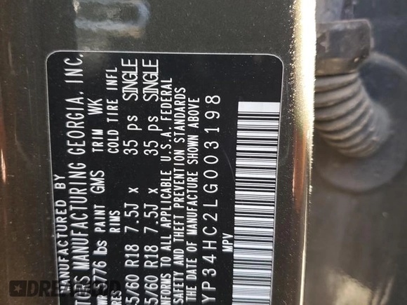2020 Kia Telluride EX with VIN 5XYP34HC2LG003198, listed as a Copart auction lot 57534885 with Not provided miles and Salvage title. Bid and sale history available at DreamBid. Image 13.