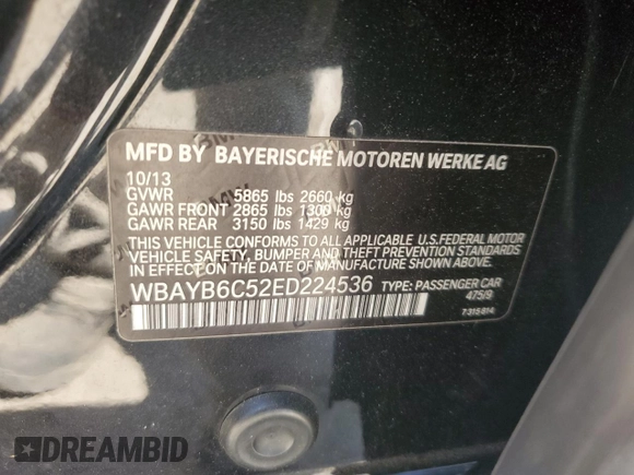 2014 BMW 7 Series 750i xDrive with VIN WBAYB6C52ED224536, listed as a Copart auction lot 54397595 with 107,410 mi miles and Salvage title. Bid and sale history available at DreamBid. Image 12.