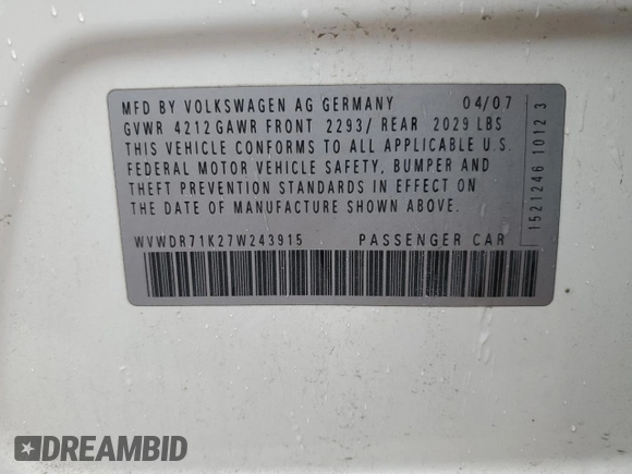 2007 Volkswagen Rabbit with VIN WVWDR71K27W243915, listed as a Copart auction lot 87375394 with 157,945 mi miles and Clean title. Bid and sale history available at DreamBid. Image 13.