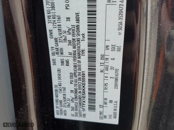 2019 Ford F-150 XL with VIN 1FTFX1E5XKKE55591, listed as a Copart auction lot 47294915 with 96,642 mi miles and Salvage Title. Bid and sale history available at carsss.com. Image 12.