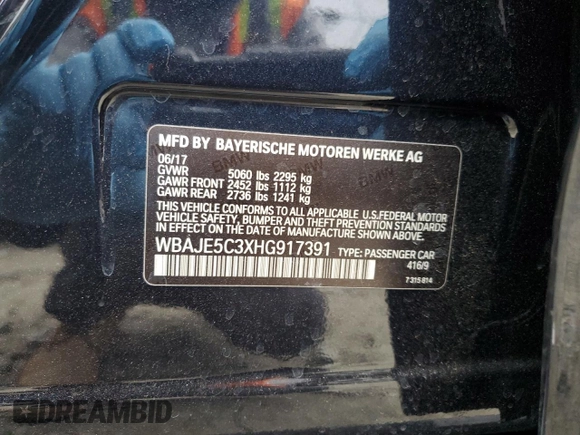 2017 BMW 5 Series 540i with VIN WBAJE5C3XHG917391, listed as a Copart auction lot 48715465 with 70,781 mi miles and Salvage Title. Bid and sale history available at carsss.com. Image 12.
