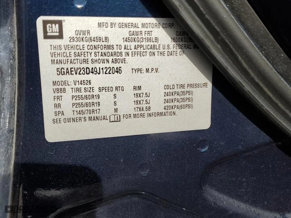 2009 Buick Enclave CXL with VIN 5GAEV23D49J122046, listed as a Copart auction lot 46522955 with 191,159 mi miles and Clean Title. Bid and sale history available at carsss.com. Image 12.