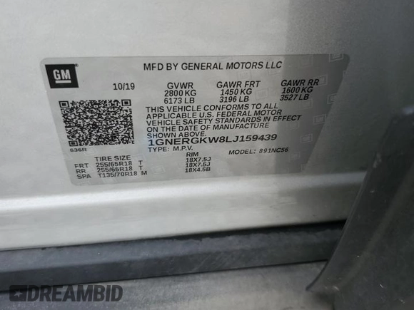 2020 Chevrolet Traverse LT Cloth with VIN 1GNERGKW8LJ159439, listed as a Copart auction lot 72223624 with 120,060 mi miles and Non Repairable. Bid and sale history available at carsss.com. Image 13.