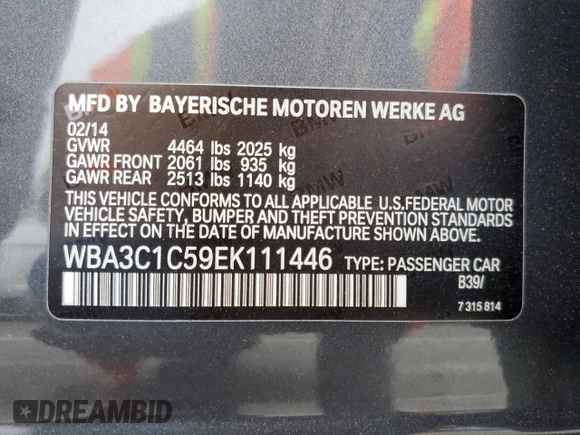 2014 BMW 3 Series 328i z VIN WBA3C1C59EK111446, wystawiony jako Copart lot #58024785 z przebiegiem 125 627 mil mil oraz Szkoda całkowita • Salvage title. Historia ofert i sprzedaży dostępna na DreamBid. Obrazek 13.