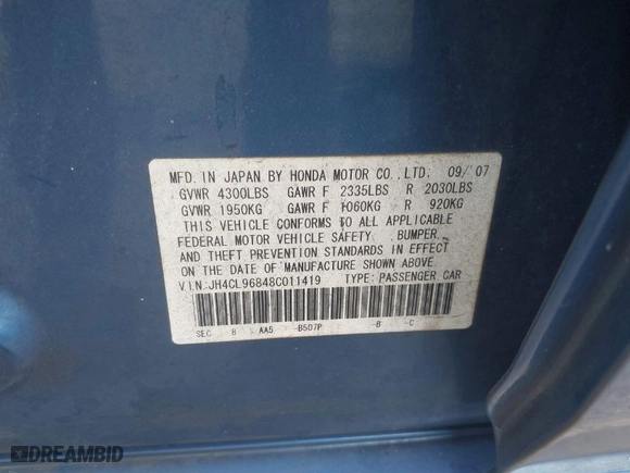 2008 Acura TSX with VIN JH4CL96848C011419, listed as a IAAI auction lot 41364678 with 129696 miles. Bid and sale history available at carsss.com. Image 9.