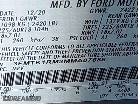 2021 Ford Mustang Mach-E Select z VIN 3FMTK1RM3MMA07686, wystawiony jako IAAI lot #41702088 z przebiegiem 26 158 mil mil oraz . Historia ofert i sprzedaży dostępna na DreamBid. Obrazek 9.