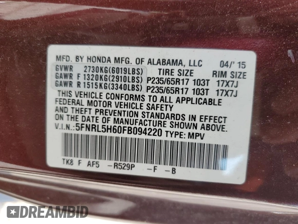2015 Honda Odyssey EX-L z VIN 5FNRL5H60FB094220, wystawiony jako Copart lot #59840525 z przebiegiem 221 964 mil mil oraz Czysty tytuł • Clean title. Historia ofert i sprzedaży dostępna na DreamBid. Obrazek 13.