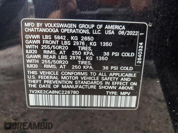 2022 Volkswagen Atlas SE with VIN 1V2KE2CA8NC228780, listed as a Copart auction lot 50834255 with 36,915 mi miles and Salvage title. Bid and sale history available at DreamBid. Image 16.