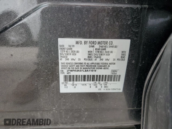 2020 Ford Edge Titanium с VIN 2FMPK4K97LBA11619, выставлен на аукционе Copart как лот 59505825 с пробегом 87 506 миль миль и Списание • Salvage title. История ставок и продаж доступна на DreamBid. Изображение 12.