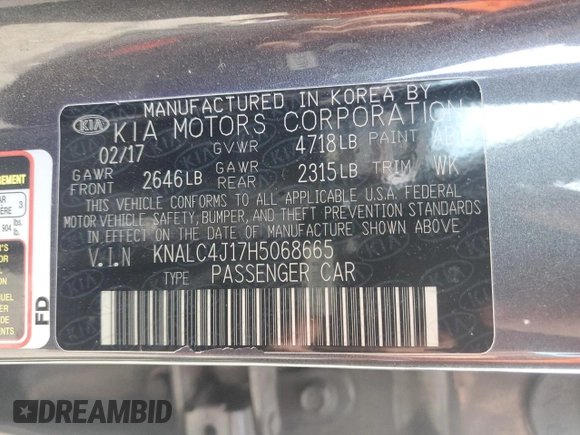 2017 Kia Cadenza Premium with VIN KNALC4J17H5068665, listed as a Copart auction lot 85211704 with 73,237 mi miles and Salvage Title. Bid and sale history available at carsss.com. Image 14.