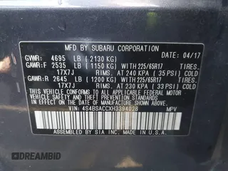 2017 Subaru Outback Premium with VIN 4S4BSACCXH3394028, listed as a IAAI auction lot 41548570 with 159,342 mi miles and . Bid and sale history available at DreamBid. Image 9.