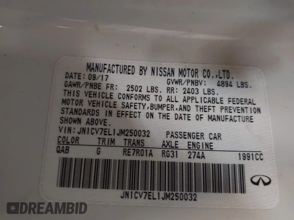 2018 Infiniti Q60 Pure with VIN JN1CV7EL1JM250032, listed as a IAAI auction lot 42548697 with 62,206 mi miles and . Bid and sale history available at DreamBid. Image 9.
