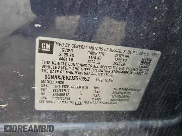2018 Chevrolet Equinox LT with VIN 3GNAXJEV2JS576992, listed as a Copart auction lot 55694075 with 169,147 mi miles and Salvage title. Bid and sale history available at DreamBid. Image 13.
