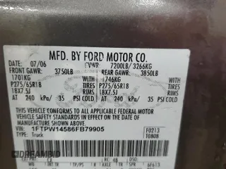 2006 Ford F-150 XLT with VIN 1FTPW14586FB79905, listed as a Copart auction lot 85707984 with 196,039 mi miles and Salvage title. Bid and sale history available at DreamBid. Image 12.