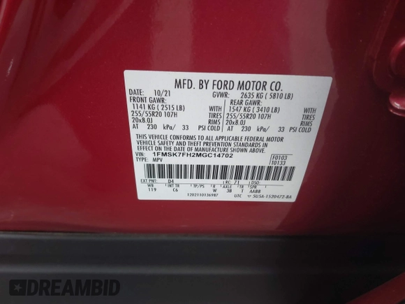 2021 Ford Explorer Limited с VIN 1FMSK7FH2MGC14702, выставлен на аукционе IAAI как лот 42548064 с пробегом 62 792 миль миль и . История ставок и продаж доступна на DreamBid. Изображение 9.