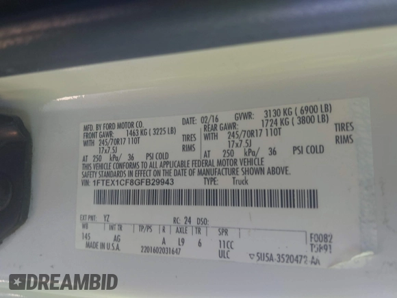 2016 Ford F-150 XL with VIN 1FTEX1CF8GFB29943, listed as a IAAI auction lot 41469600 with 151,099 mi miles and . Bid and sale history available at DreamBid. Image 9.