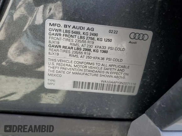 2022 Audi Q5 S line Premium z VIN WA1GAAFY3N2071116, wystawiony jako Copart lot #57175025 z przebiegiem 25 117 mil mil oraz Szkoda całkowita • Salvage title. Historia ofert i sprzedaży dostępna na DreamBid. Obrazek 12.